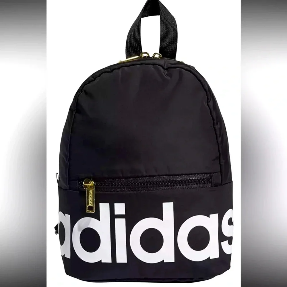 Adidas Mini Backpack Purse Black Gold Linear Logo Travel Bag School Sporty EUC - Picture 1 of 13